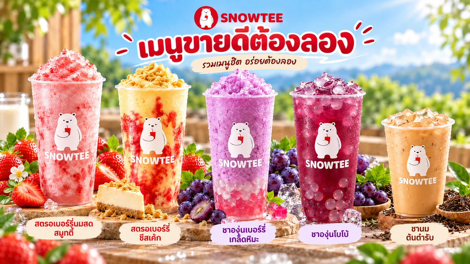 โปสเตอร์เมนูขายดี SNOWTEE รวม 5 แก้ว สตรอเบอร์รี่นมสดสมูทตี้ สตรอเบอร์รี่ชีสเค้ก ชาองุ่นเบอร์รี่เกล็ดหิมะ ชาองุ่นโบโบ้ ชานมต้นตำรับ